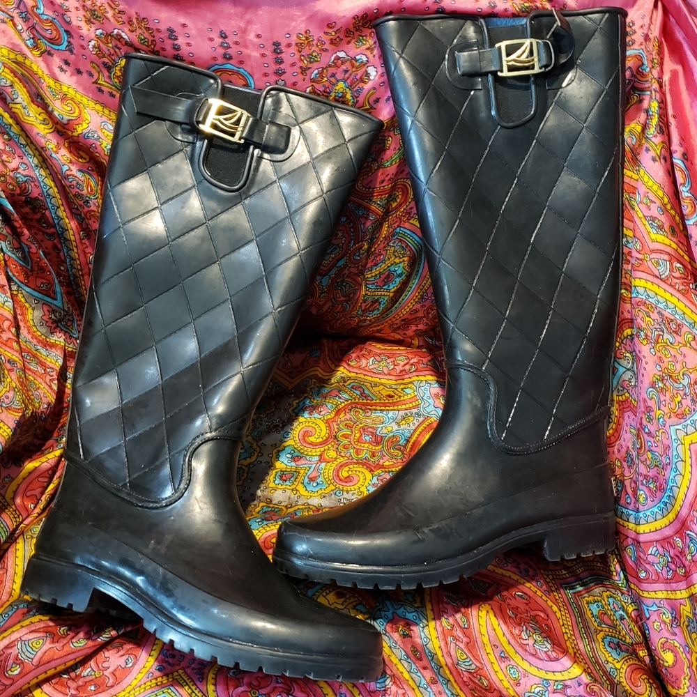 Sperry Top Sider Knee High Black Rubber Rain Boots Women's Size 7